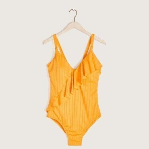 Everyday Sunday Women Yellow One-Piece Ruffle Ribbed Swimsuit Plus Size 3X - Picture 1 of 12